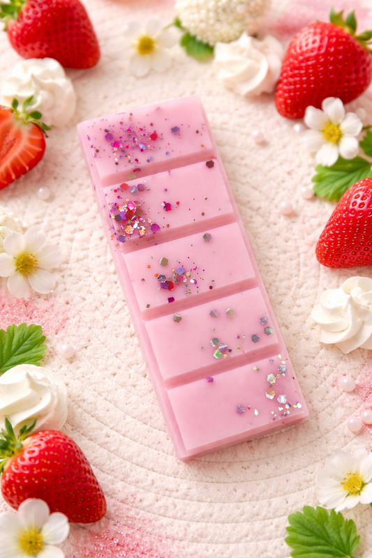 Detalle de wax melts artesanales con aroma a fresa y nata, textura cremosa y dulce