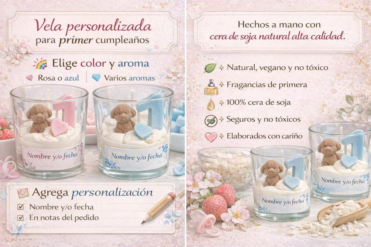 Vela personalizada de osito perrito, recuerdo para fiesta primer cumpleaños