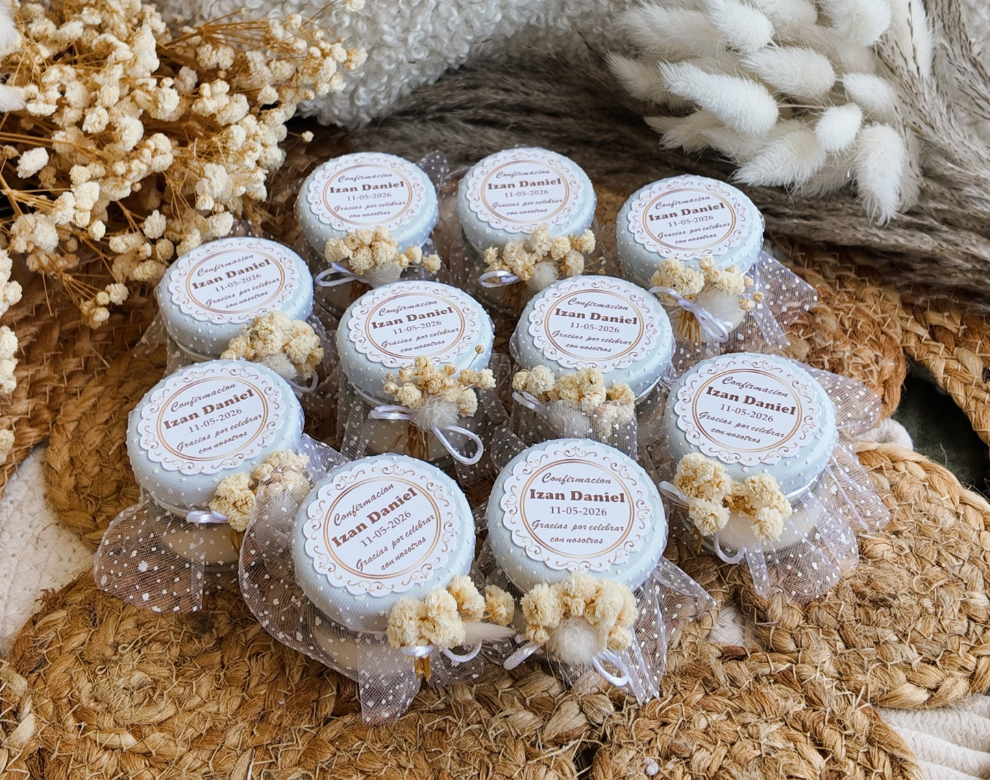 Velas personalizadas de soja para invitados, recuerdos de boda o bautizo con nombre y fecha estilo boho rústico