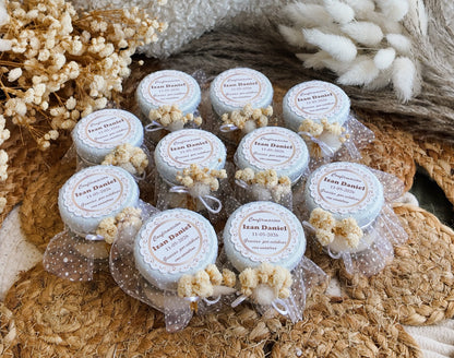 Velas personalizadas de soja para invitados, recuerdos de boda o bautizo con nombre y fecha estilo boho rústico