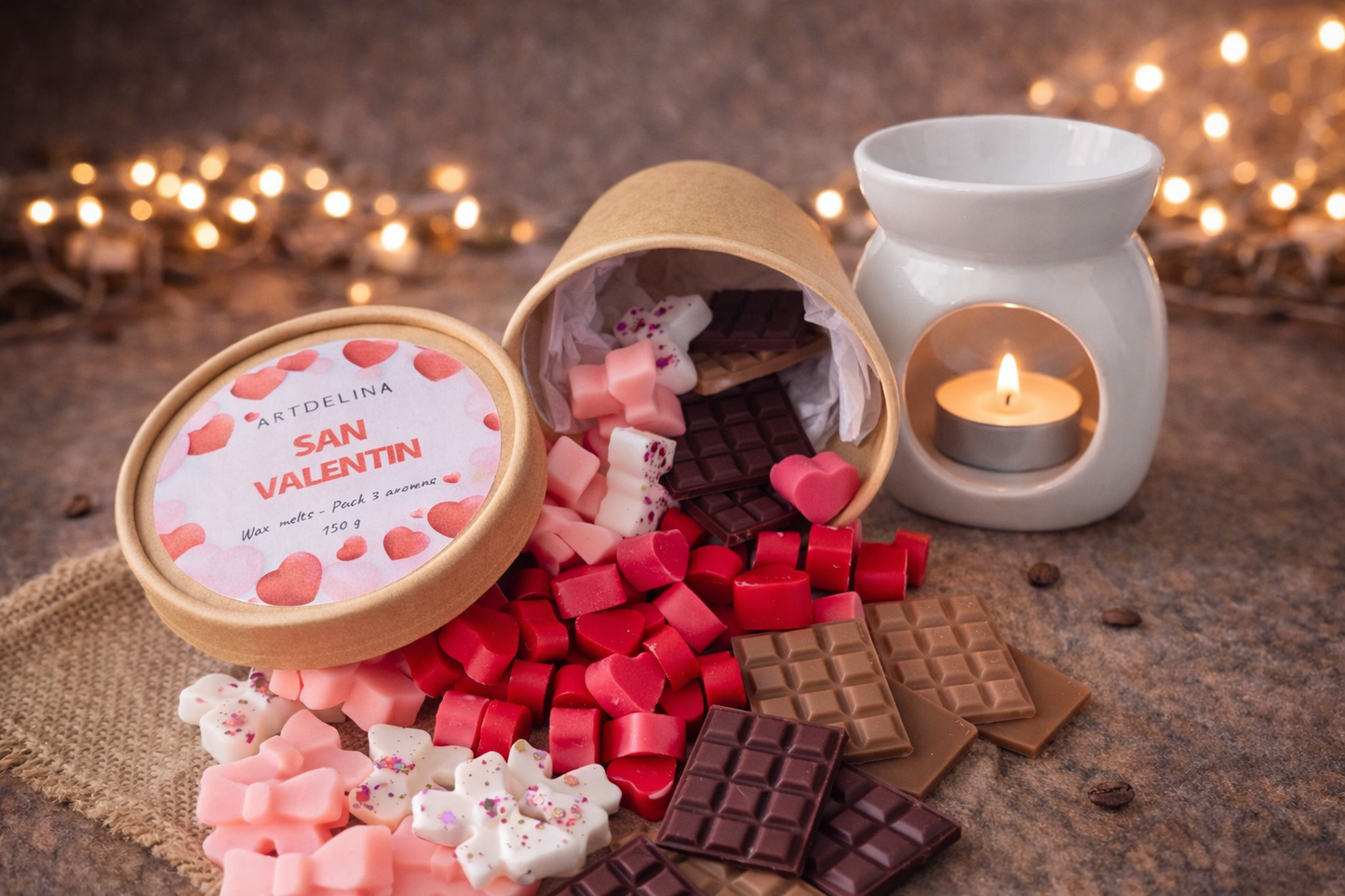 Wax melts artesanales aroma chocolate, vainilla y jazmín con quemador cerámico
