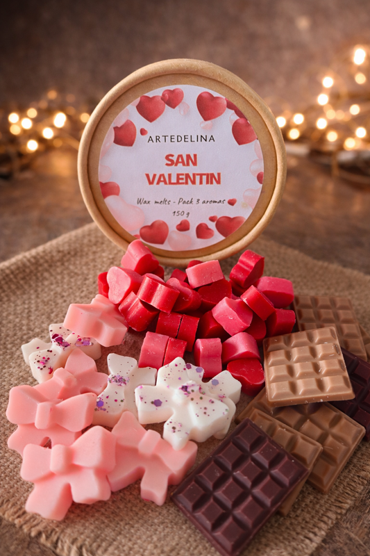 Set San Valentín con 3 wax melts de cera de soja y quemador cerámico
