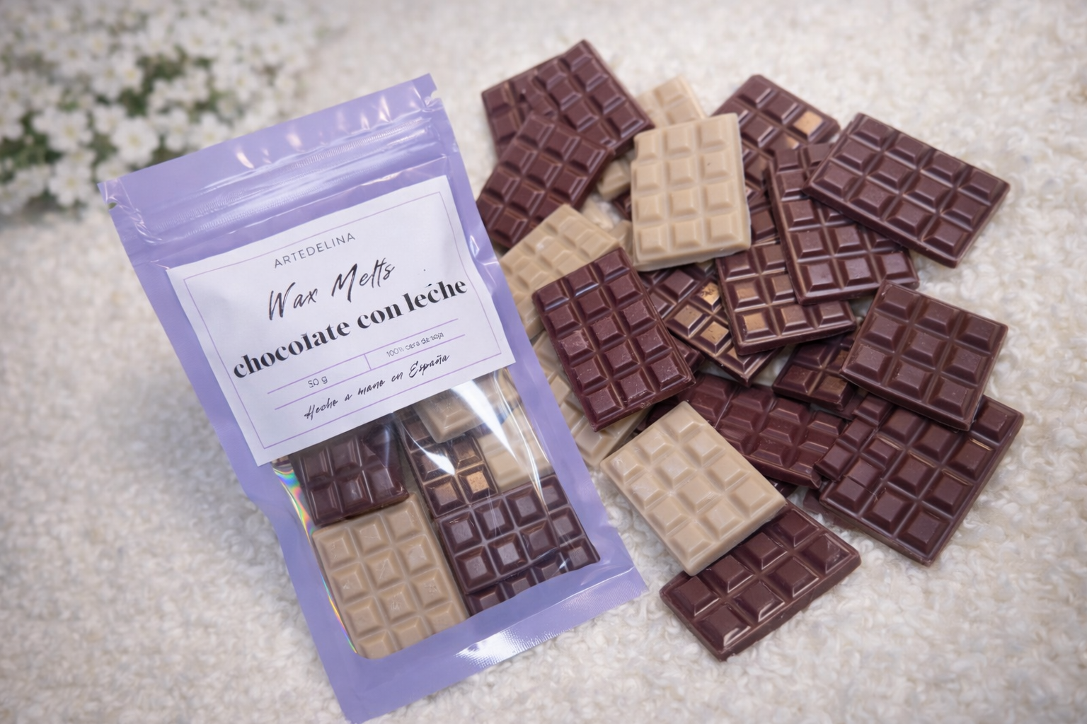 Wax melts artesanales de soja aroma chocolate con leche suizo