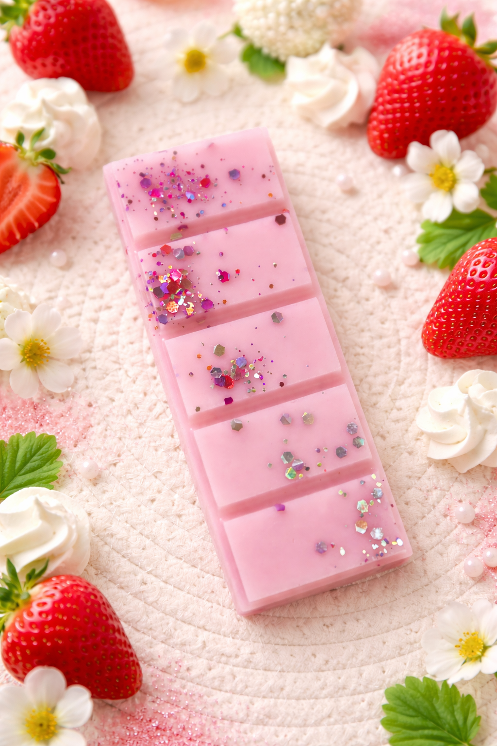 Detalle de wax melts artesanales con aroma a fresa y nata, textura cremosa y dulce