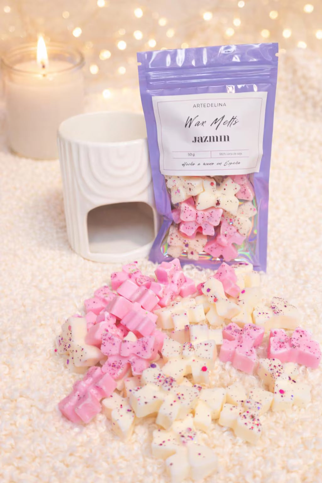Set quemador de cera con wax melts jazmín 50g