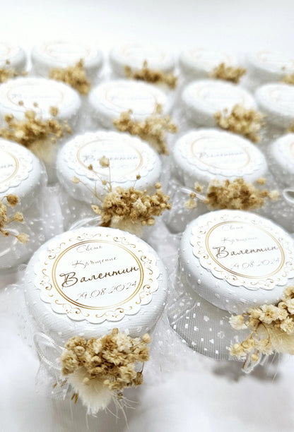 Velas personalizadas de soja para invitados, recuerdos de boda o bautizo con nombre y fecha estilo boho rústico