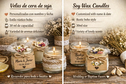 Velas personalizadas de soja para invitados, recuerdos de boda o bautizo con nombre y fecha estilo boho rústico
