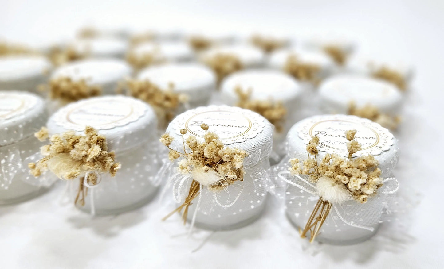 Velas personalizadas de soja para invitados, recuerdos de boda o bautizo con nombre y fecha estilo boho rústico