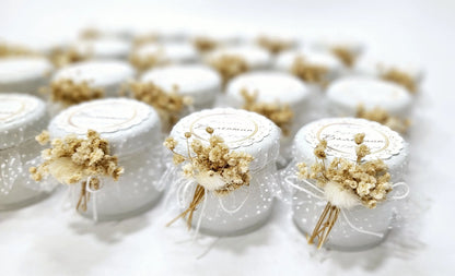 Velas personalizadas de soja para invitados, recuerdos de boda o bautizo con nombre y fecha estilo boho rústico