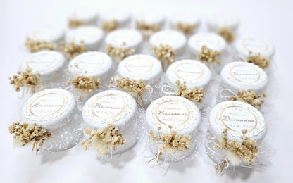 Velas personalizadas de soja para invitados, recuerdos de boda o bautizo con nombre y fecha estilo boho rústico