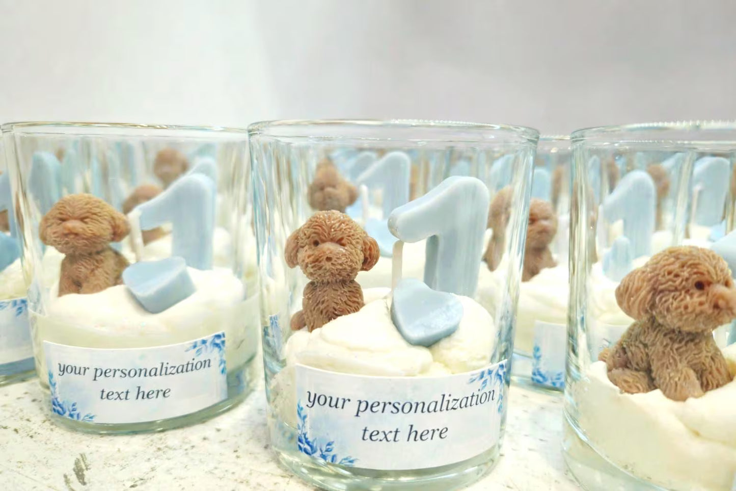 Vela personalizada de osito perrito, recuerdo para fiesta primer cumpleaños