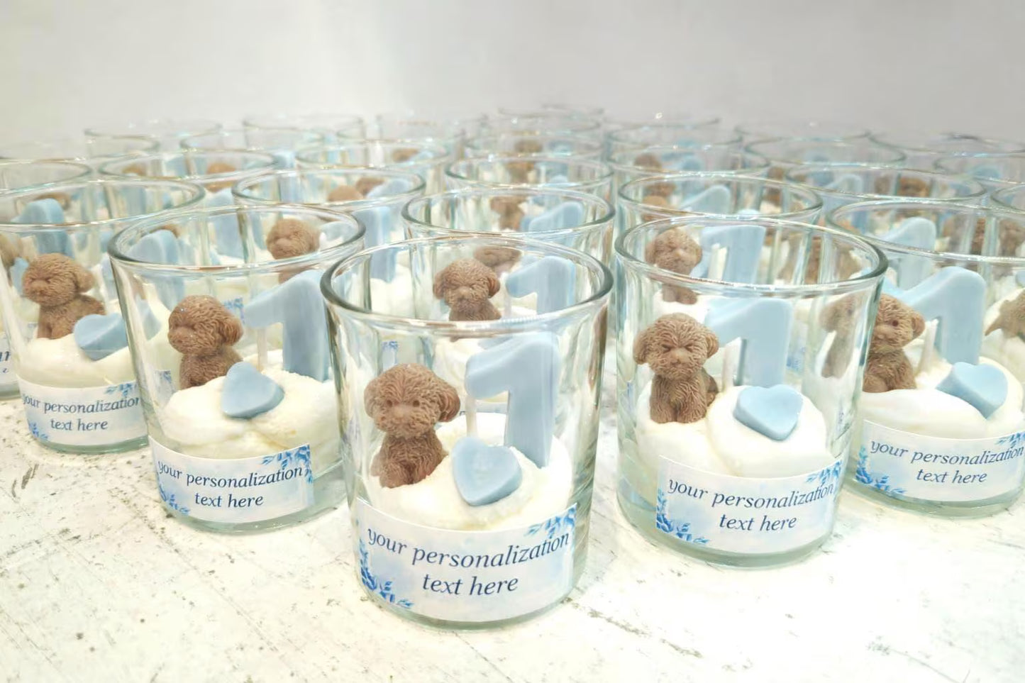 Vela personalizada de osito perrito, recuerdo para fiesta primer cumpleaños