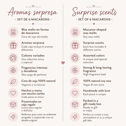 Cera de soja derretida en forma de macarons franceses, set en caja de 6 wax melts con aromas sorpresa
