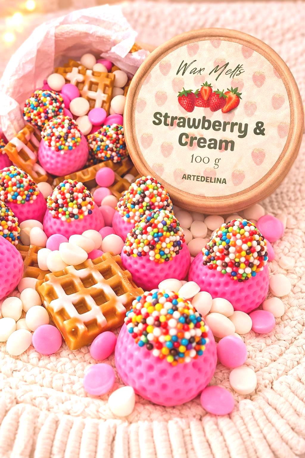 Cera de soja fundida con fresa y nata, wax melts tipo postre