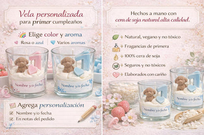 Vela personalizada de osito perrito, recuerdo para fiesta primer cumpleaños