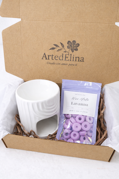 Kit quemador de cera con wax melts lavanda 50g set aromático hecho a mano en España