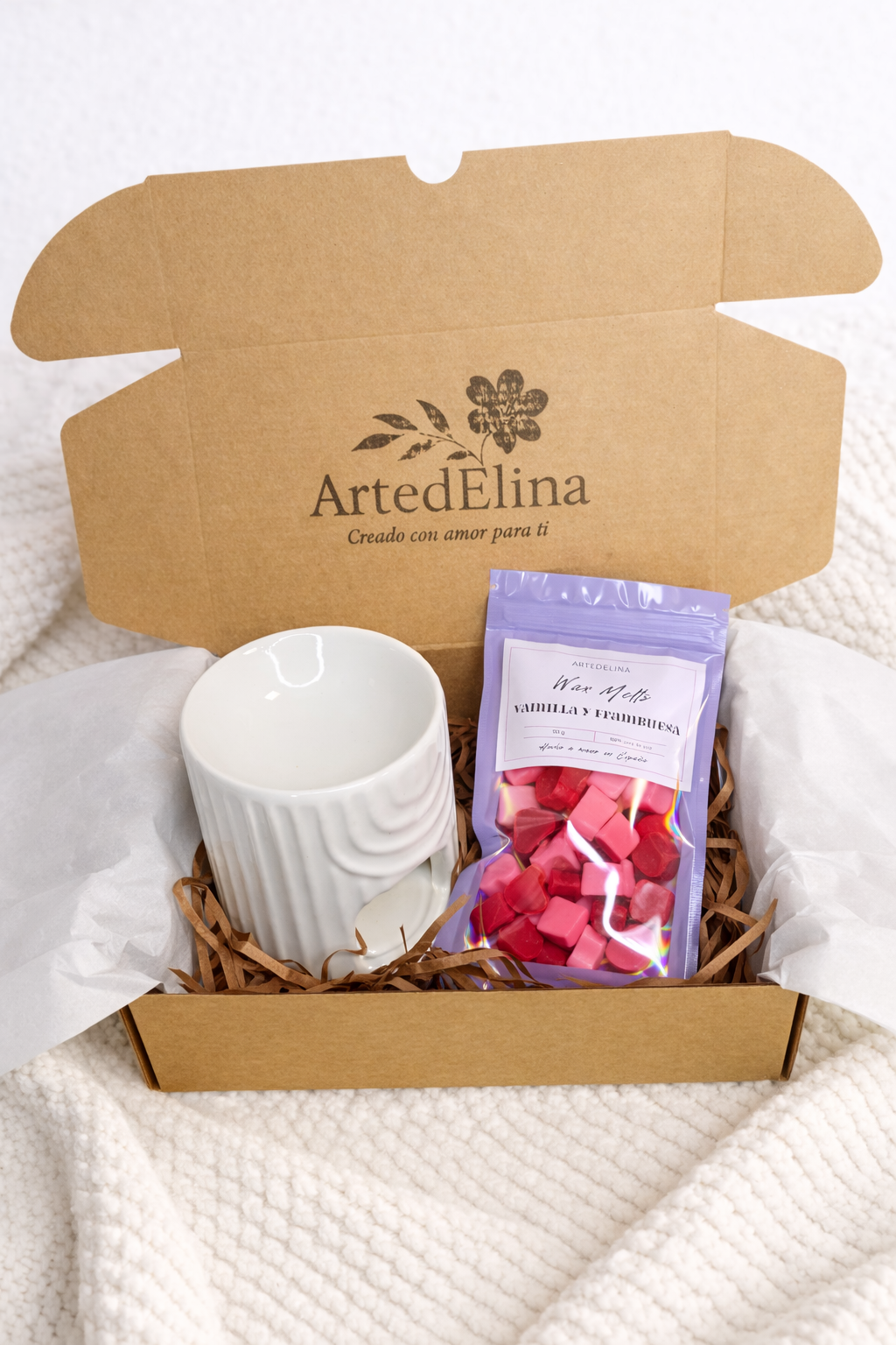 Kit quemador de cera con wax melts aroma vainilla y frambuesa 50g hecho a mano en España