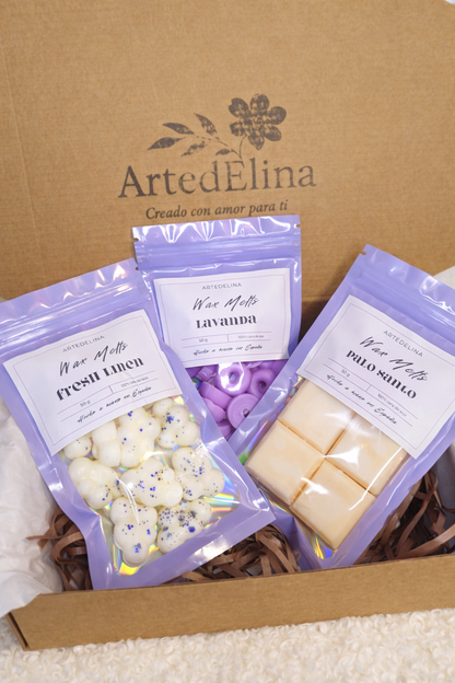 Set de 3 aromas de wax melts en caja regalo con cera de soja natural