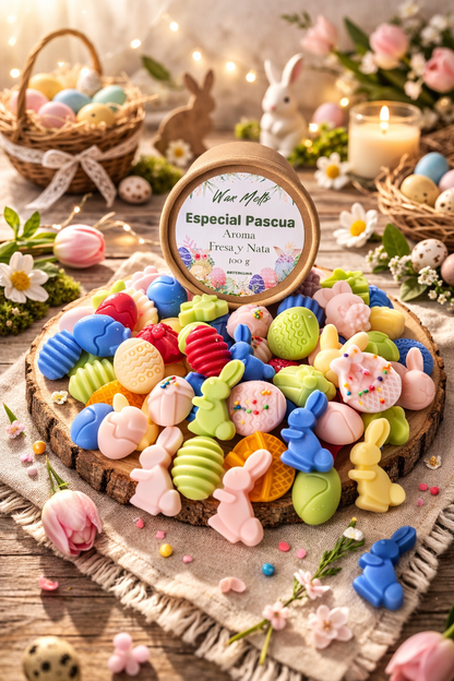 Wax melts artesanales hechos en España, aroma dulce fresas con nata, colección Pascua.