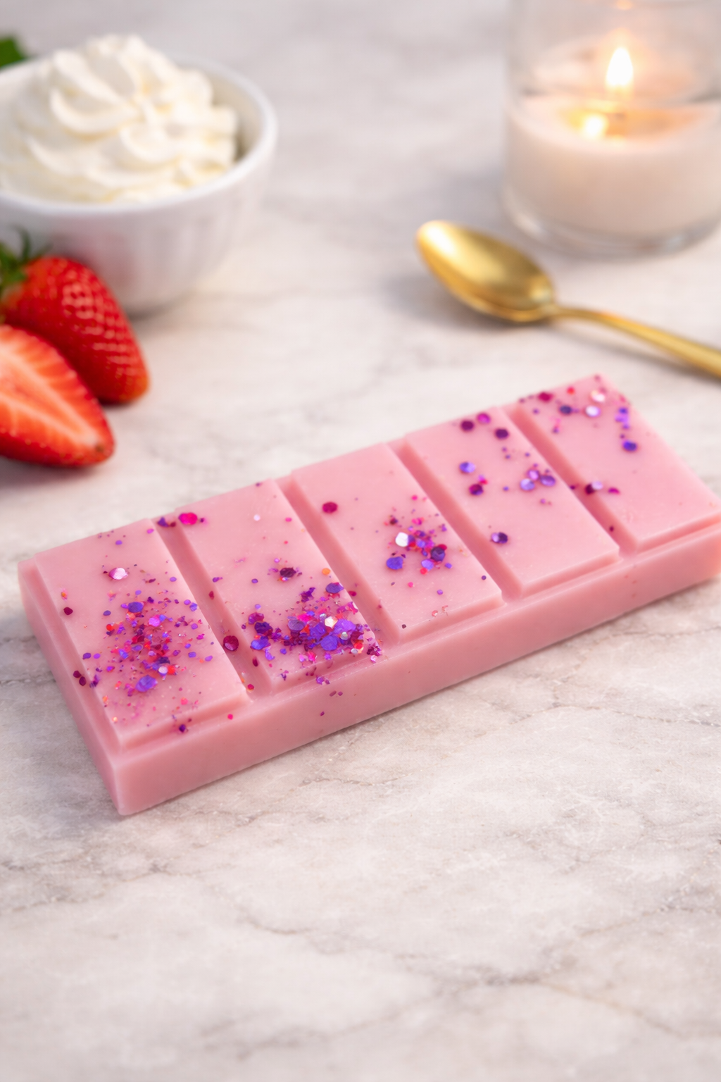 Bolsa de wax melts de cera de soja con aroma a fresa y nata, producto artesanal