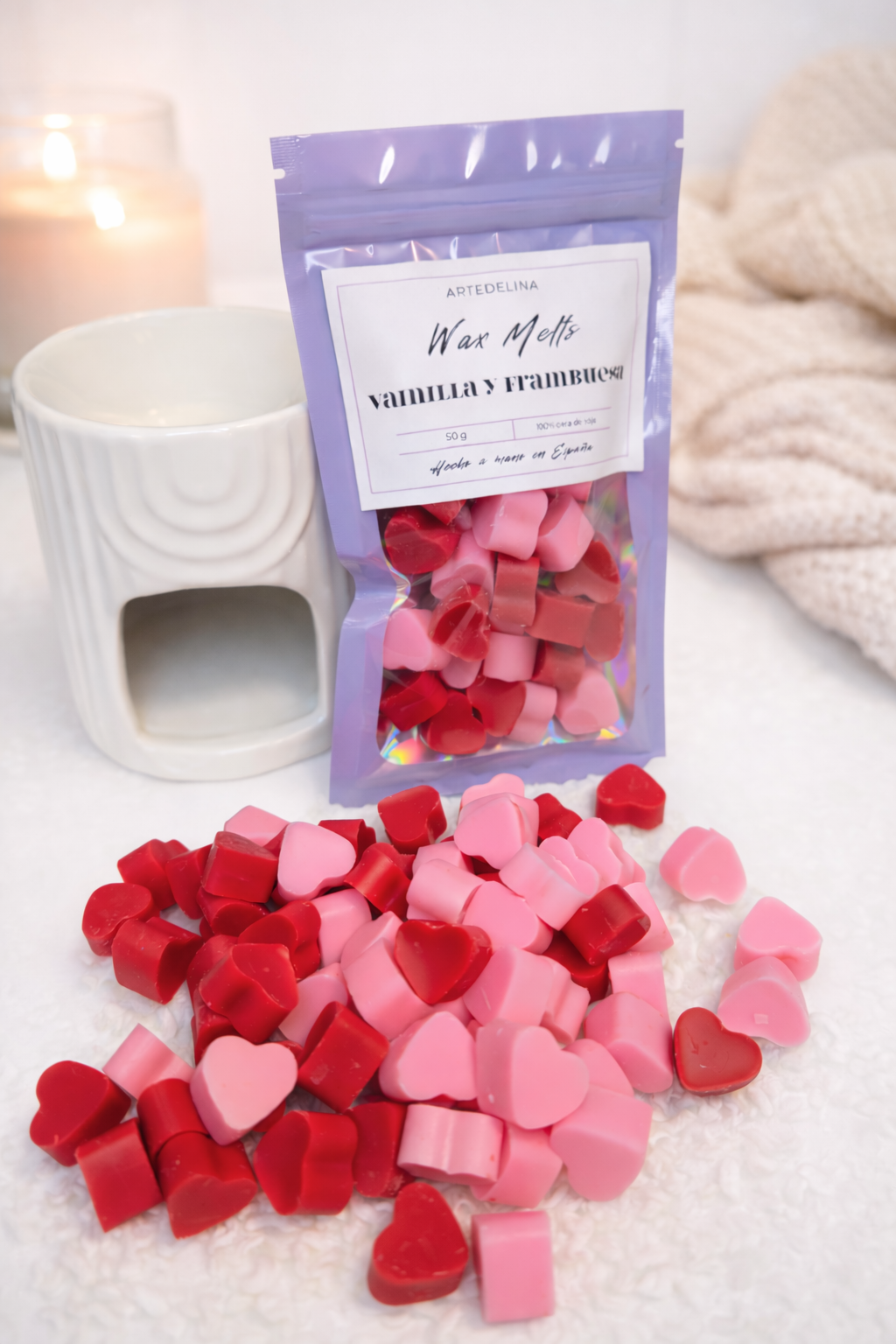 Wax melts aroma vainilla y frambuesa 50g elaborados con cera de soja natural